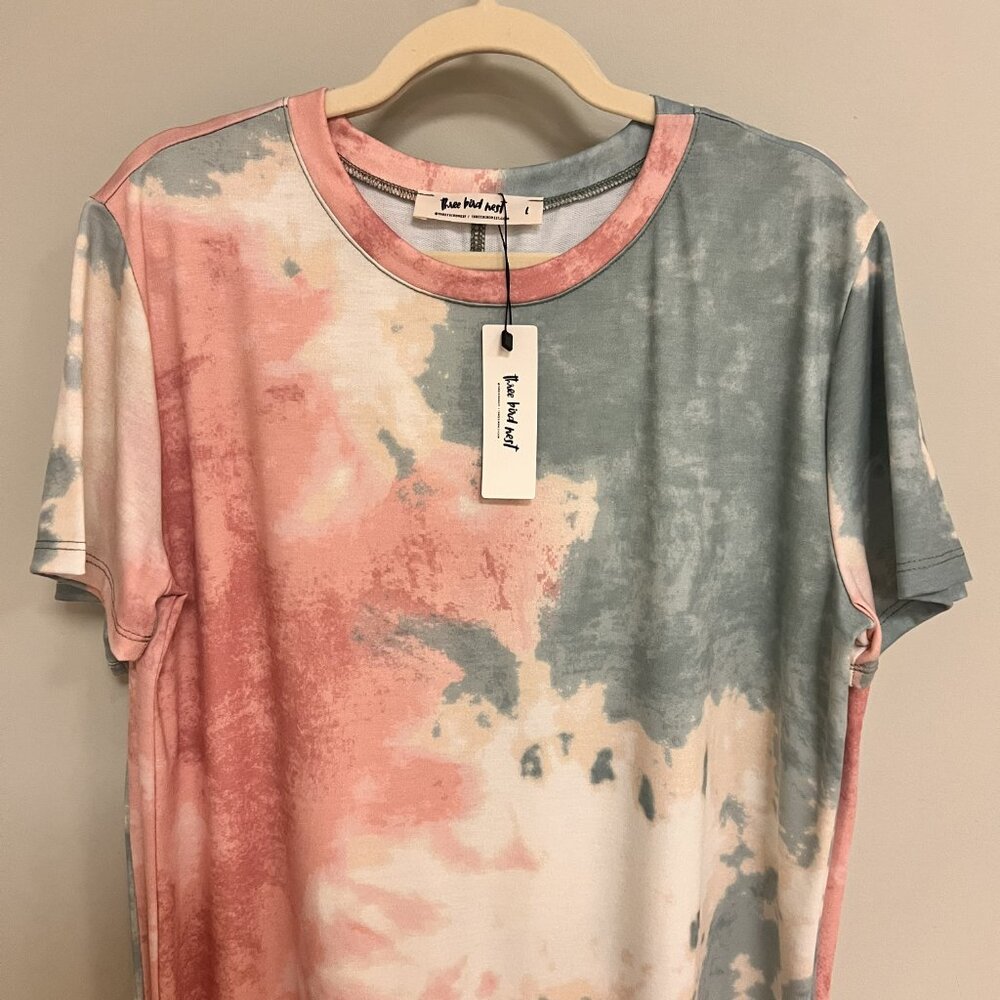 Three Bird Nest Pink and Cream Mini Dress Short Sleeve Raglan - Picture 7 of 8